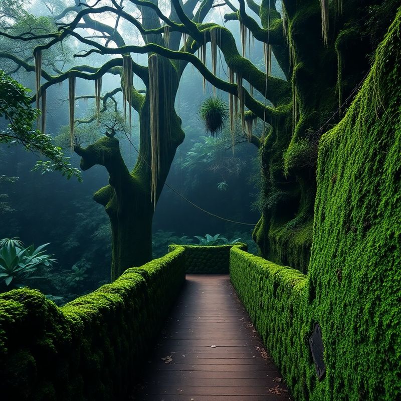 Pasarela en el bosque nuboso de Monteverde con musgo verde menta