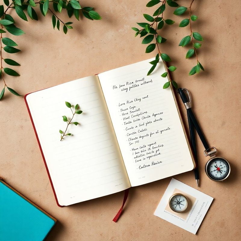 Mesa de planificación con cuaderno, brújula y ramas de vegetación tropical